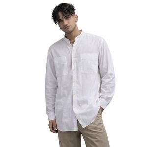 At Ease White Collarless Button Down Shirt Men’s Large Cotton Tunic 1990s